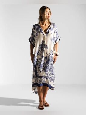Jack London Ottilie Silk Kaftan Dress | Navy Size S/M